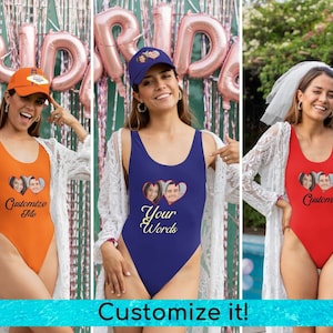 Personalize Bachelorette Party Bride Squad with Hearts Swimsuit Women Photo Face Bride Swimwear Pool Beach Bathing Swim Squad Party Outfit
