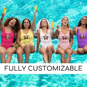 Bachelorette Party Bride Squad with Stars Swimsuit Women Photo Face Bride Swimwear Fiance Pool Beach Bathing Gift Swim Squad Party Outfit