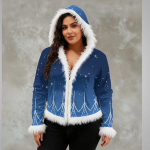 May include: A blue hooded jacket with white faux fur trim and a starry pattern. The jacket has a zip closure and a winter theme. The hood and cuffs are trimmed with fluffy white faux fur.