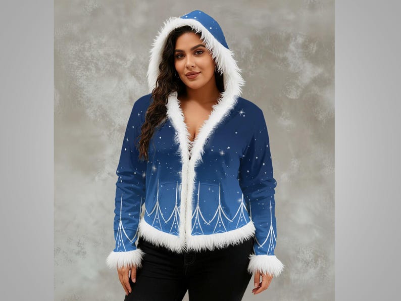 May include: A blue hooded jacket with white faux fur trim and a starry pattern. The jacket has a zip closure and a winter theme. The hood and cuffs are trimmed with fluffy white faux fur.