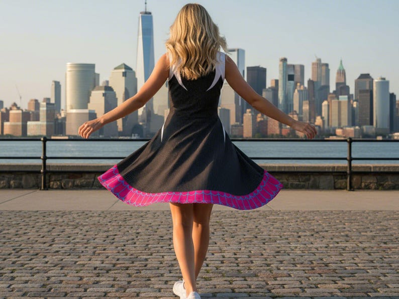 May include: A black dress with white accents and a pink and purple hemline. The dress has a flared skirt and is sleeveless. The background features a cityscape with tall buildings and a body of water.