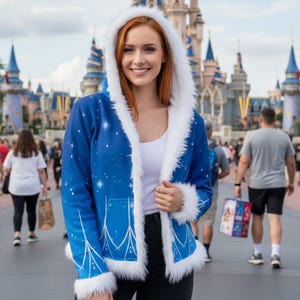 May include: A blue hooded jacket with white faux fur trim and a starry design. The jacket is worn over a white top. The background shows a theme park with a castle and people walking.