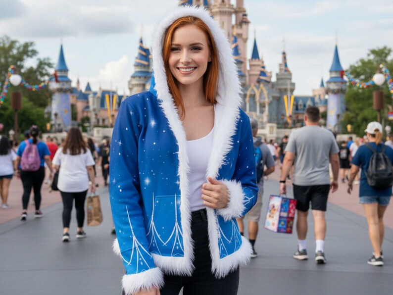 May include: A blue hooded jacket with white faux fur trim and a starry design. The jacket is worn over a white top. The background shows a theme park with a castle and people walking.