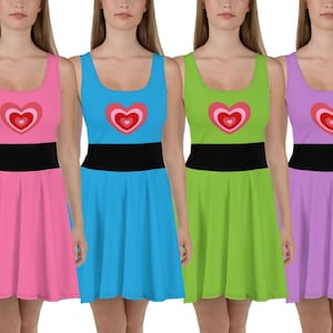 Anime Girls Cosplay Skater Dress with Retro Cartoon Heart Party Dress Halloween Costume, Ppg Super hero Hero Girl Fan Art 90s ++Y