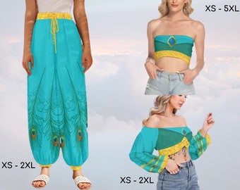 Princess Jasmine Inspired Gold Accents Women's Pants & matchings Tops, Cosplay, Birthday Party, Adult Halloween Costume, Gift for Her