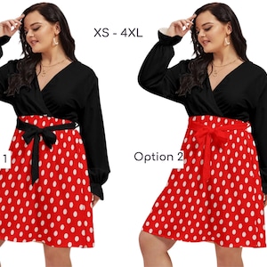 Vestido de lunares de talla grande y escote en V regular con cinturón, lunares de ratón,