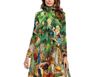 Ugly Christmas Sweater Dress, Vintage 1902 Lithograph Women's High Neck