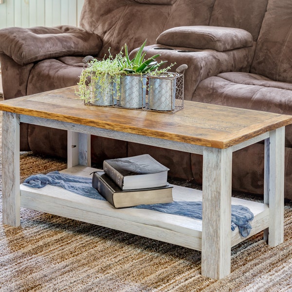 Rustic coffee table with shelf, reclaimed wood furniture, farmhouse living room decor, custom primitive furniture