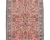 Coral Hand Knotted 6.8 x 4.1 ft Rug Antique Area Rug Persian Rug Style Blue Ivory Accent Floral Wool Rug Area Rug