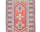 6 39 x 4 39 rug Handmade Tribal Red Blue Rug Antique Kazak Rug Geometric Bordered Rug Boho Style Rug Oriental Wool Rug