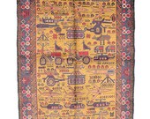 Yellow Tribal Rug Bohemian Rug Gold Blue Rug 4 x 6 Ft Area Rug Kids Vintage Rug Pure Wool Rug Decorative Rug