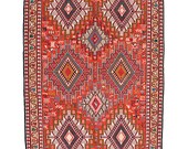 6 x 4 Ft Area Rug Tribal Red Geometric Rug Red Orange Geometric Rug Ikat Vintage Decorative Rug Hand Knotted Rug Bohemian Rug