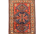 Bright Red 3x5 Tribal Rug Vintage Wool Area Rug Geometric Medallion Navy Green Beige Bordered Rug Entryway Home Accent Rustic