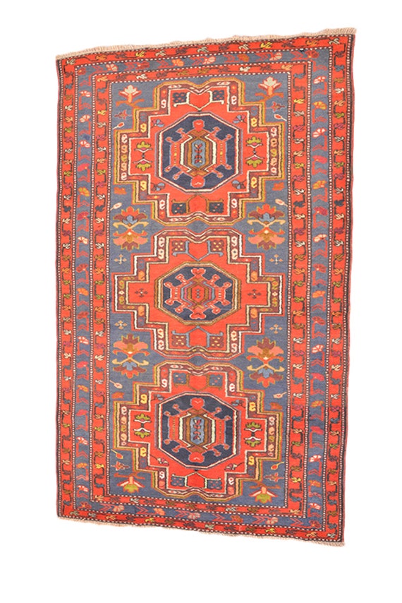 Rug Handmade Kazak Orange Blue Grey Tribal Geometric