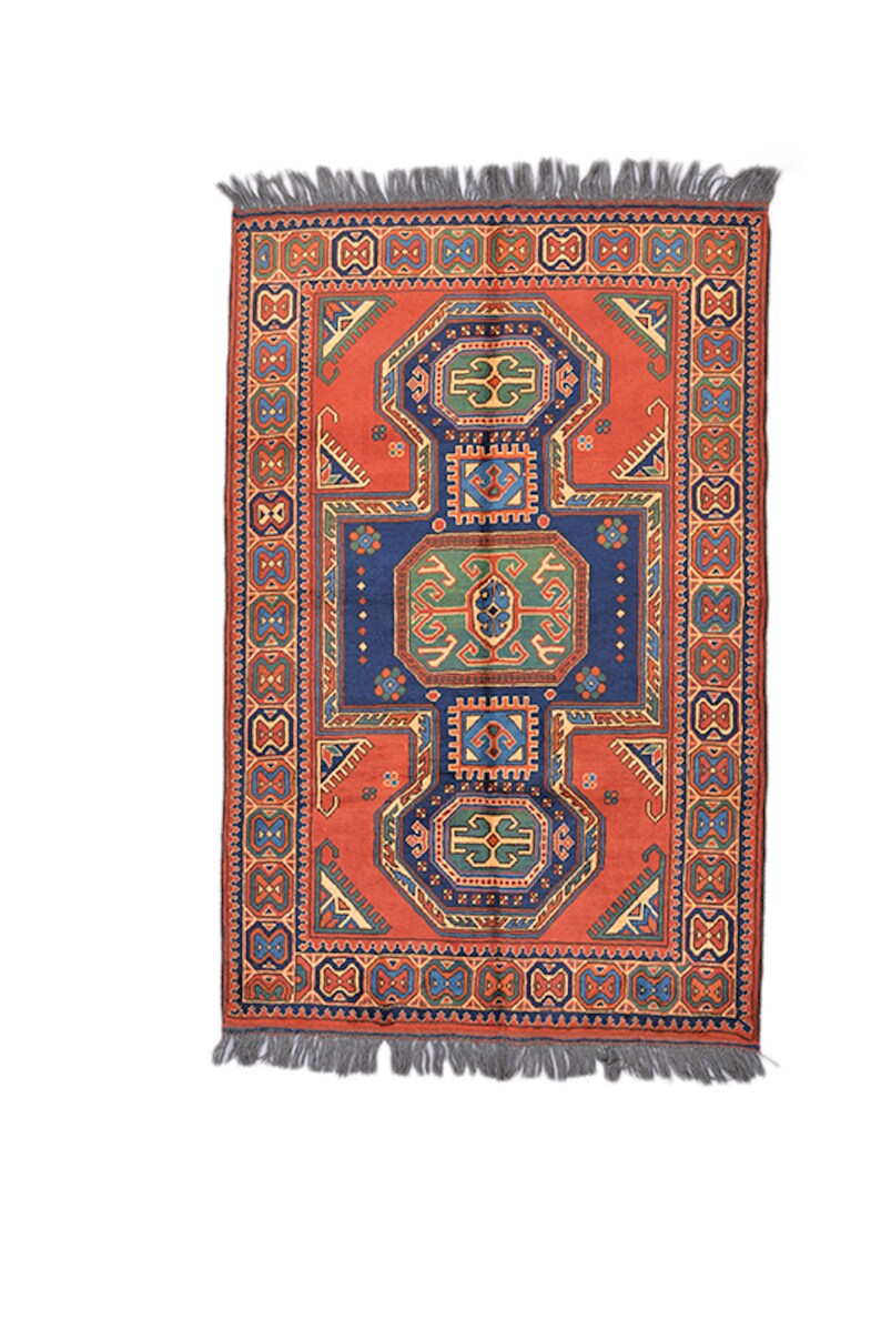 Orange Blue Tribal Rug Vintage Area Kazak 4 X 7 Feet Wool Antique Geometric
