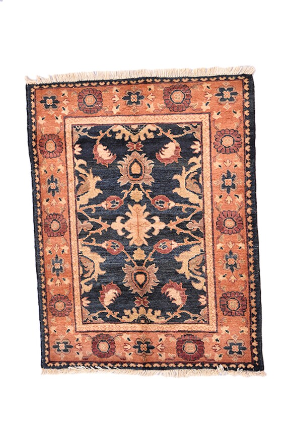Navy Coral Orange Oriental Rug 3 X 4 Feet Vintage Hand Etsy