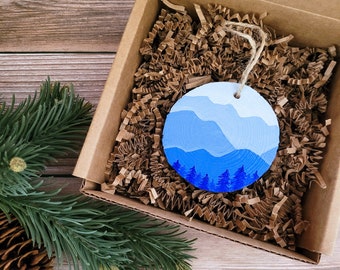 Winter Mountains Wood Slice Ornament, Hand-painted Christmas Ornament