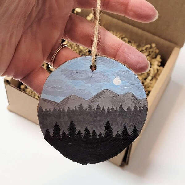 Mountain Forest Wood Slice Ornament--Gray, Hand-painted Christmas Ornament
