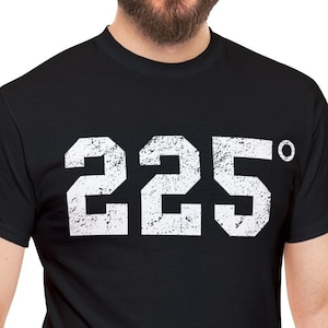 May include: Black t-shirt with a white distressed graphic of the number 225 with a degree symbol.