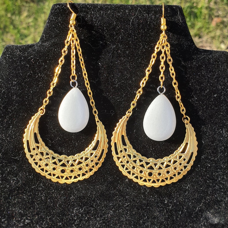 Celtic pagan golden color with moons and snow quartz stones by The Wheels of Time Wicca earrings fantastic