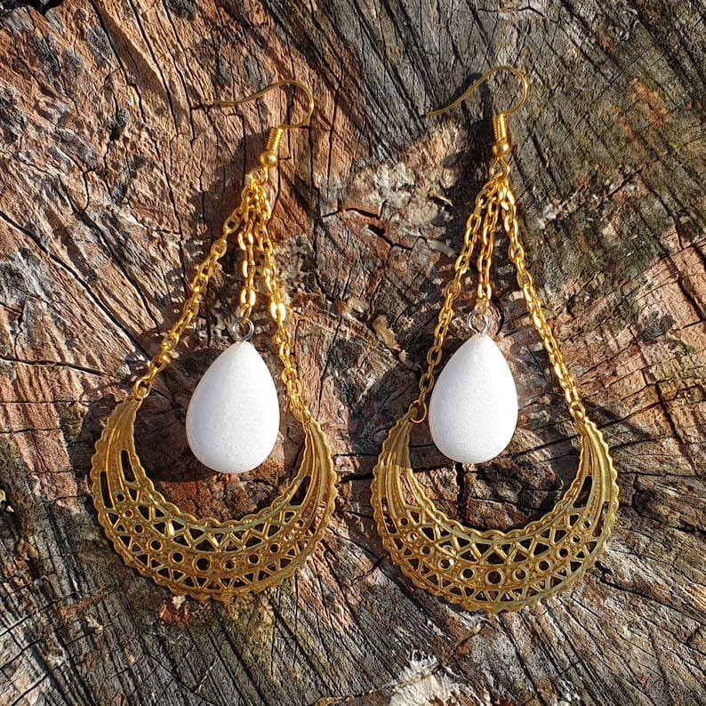 Celtic pagan golden color with moons and snow quartz stones by The Wheels of Time Wicca earrings fantastic