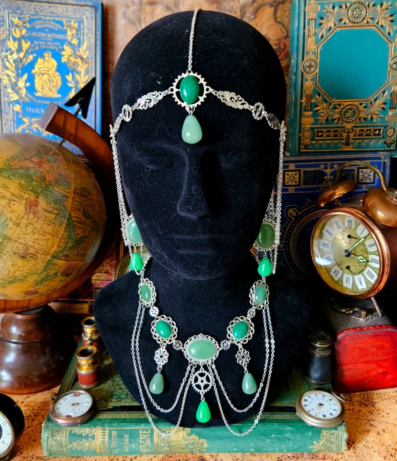 Necklace set with silver steampunk earrings and tiara, gears, chains, jade stones and aventurine by Les Rouages du Temps image 1