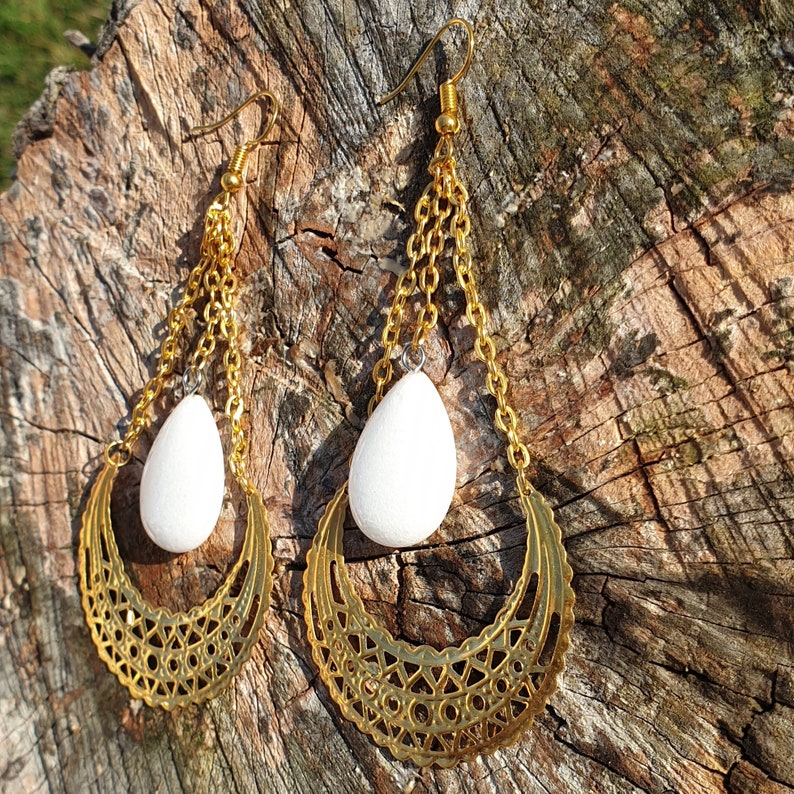 Celtic pagan golden color with moons and snow quartz stones by The Wheels of Time Wicca earrings fantastic