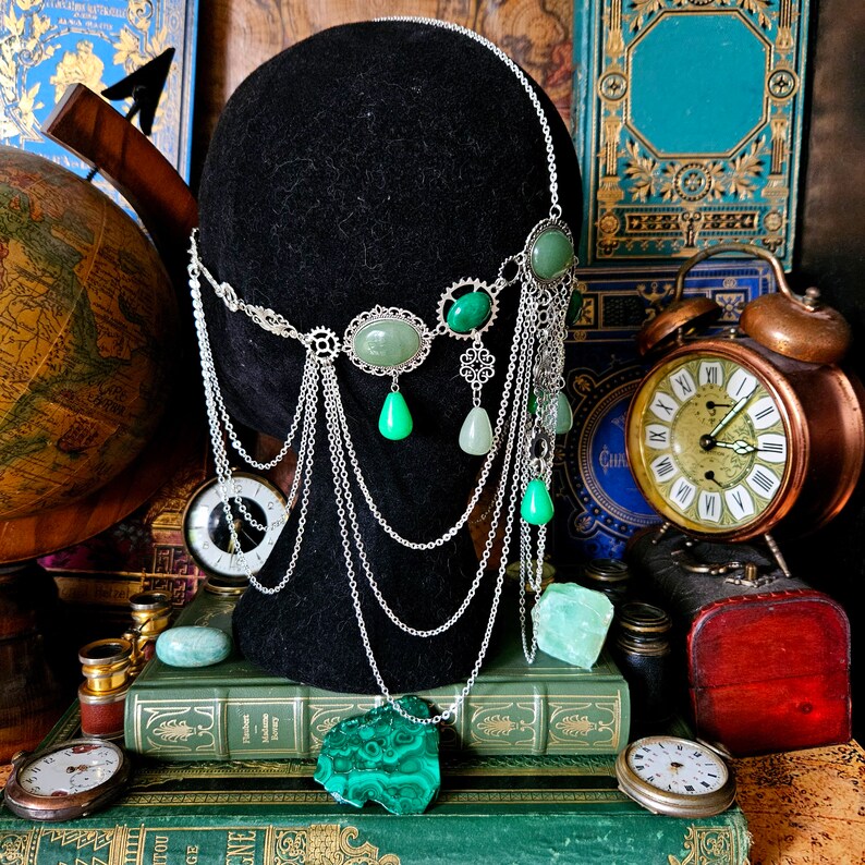 Necklace set with silver steampunk earrings and tiara, gears, chains, jade stones and aventurine by Les Rouages du Temps image 6