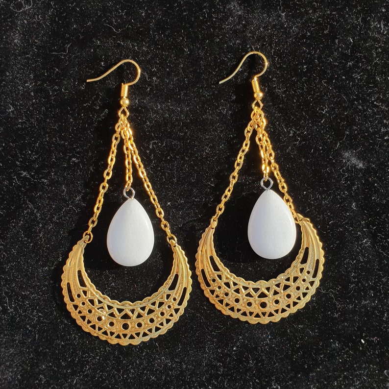Celtic pagan golden color with moons and snow quartz stones by The Wheels of Time Wicca earrings fantastic