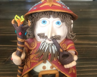 Custom Polymer Clay Wizard 4" Figurine - Halloween Decoration, Wizard with Staff & Pipe, Fantasy Figure, Hobbit Wizards