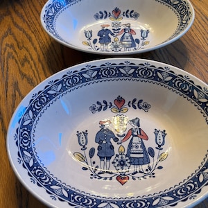 Old Granite Vintage Staffordshire Hearts & Flowers Serving Bowls English Blue Dutch