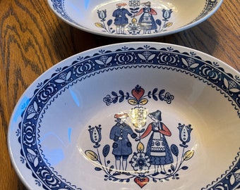 Old Granite Vintage Staffordshire Hearts & Flowers Serving Bowls English Blue Dutch