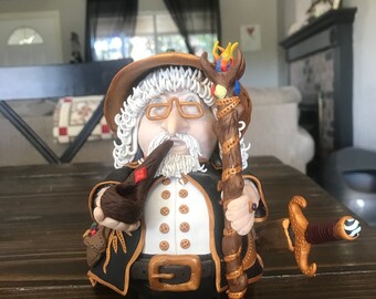 Custom Polymer Clay Wizard 6" Figurine - Halloween Decoration, Wizard with Staff, Bag, Sword & Pipe, Fantasy Figure, Hobbit Wizards