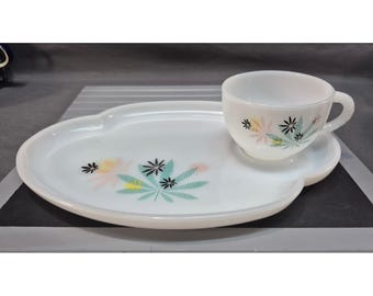 Vintage Federal Glass Atomic Starburst Milk Glass Snack Set Plate and Cup MCM