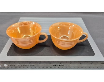 Vintage Fire-King Peach Luster Laurel Teacups Set of 2 Iridescent Milk Glass