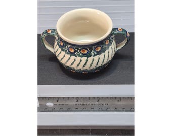 Boleslawiec Polish Pottery Hand Made Sugar Bowl Peacock Eye Double Handle 437