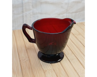 Vintage Anchor Hocking Royal Ruby Red Glass Creamer Pitcher Footed Starburst