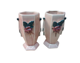 Vintage McCoy Pottery Pink Rose Vases Hexagon Art Deco Pair Made in USA 6 Inch