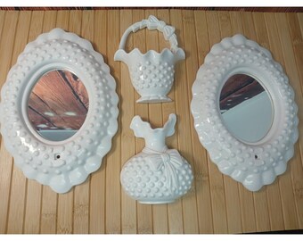 Vintage Burwood White Hobnail Wall Decor Set 4pc Mirrors & Wall Pockets MCM 2717