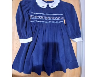 House of Hatten Vintage Blue Corduroy Smocked Dress Girls 4T Floral Embroidered