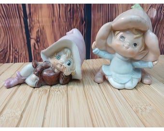 Vintage Ceramic Pixie Elf Figurines Set 2 Pastel Flower Hat Garden Sprites Fair