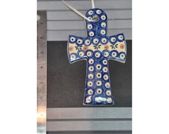 Polish Pottery Ceramic Cross Ornament Janusz Jakubowski Boleslawiec Peacock Eye