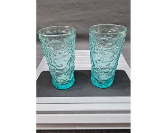 2 Vintage Anchor Hocking Lido Milano Aquamarine Blue Juice Glasses 3.75" Tall