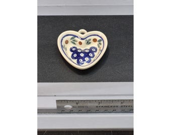 Boleslawiec Polish Pottery Heart Trinket Dish Ornament Peacock Eye Blue Cream