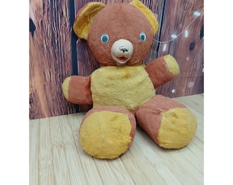 Vintage Plastic Face Teddy Bear Plush Two Tone Brown Yellow Googly Eyes 12 Inch