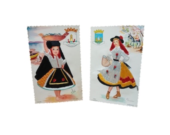 Vintage Portugal Embroidered Silk Postcards Nazare Faro Folk Costume Set of 2