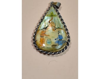Vintage Eastern Hand Painted Mother of Pearl Pendant Double Sided Silver