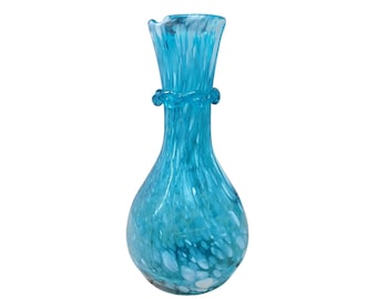 Vintage HandBlown Turquoise Blue White Spatter Art Glass Vase Applied Rigaree 8"