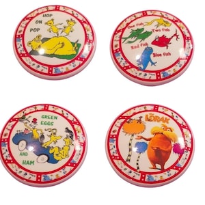 Dr Seuss Wooden Drawer Knobs Set of 4 Hop on Pop Lorax 1 Fish 2 Fish Green Eggs