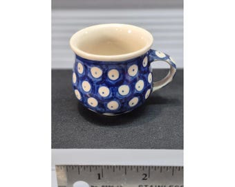 Polish Pottery Espresso Cup Peacock Eye Blue White Stoneware Boleslawiec 1.75in